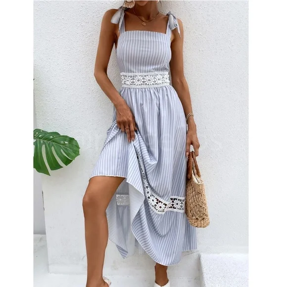 White Crochet Trim Striped Blue Maxi Dress Tie Straps Square Neck Flowy Flared - Picture 6 of 8